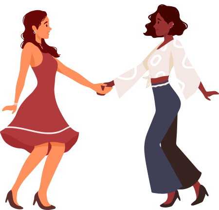 Two femme-appearing people holding hands and dancing, one in a dress and one in flares and a long-sleeved crop top.